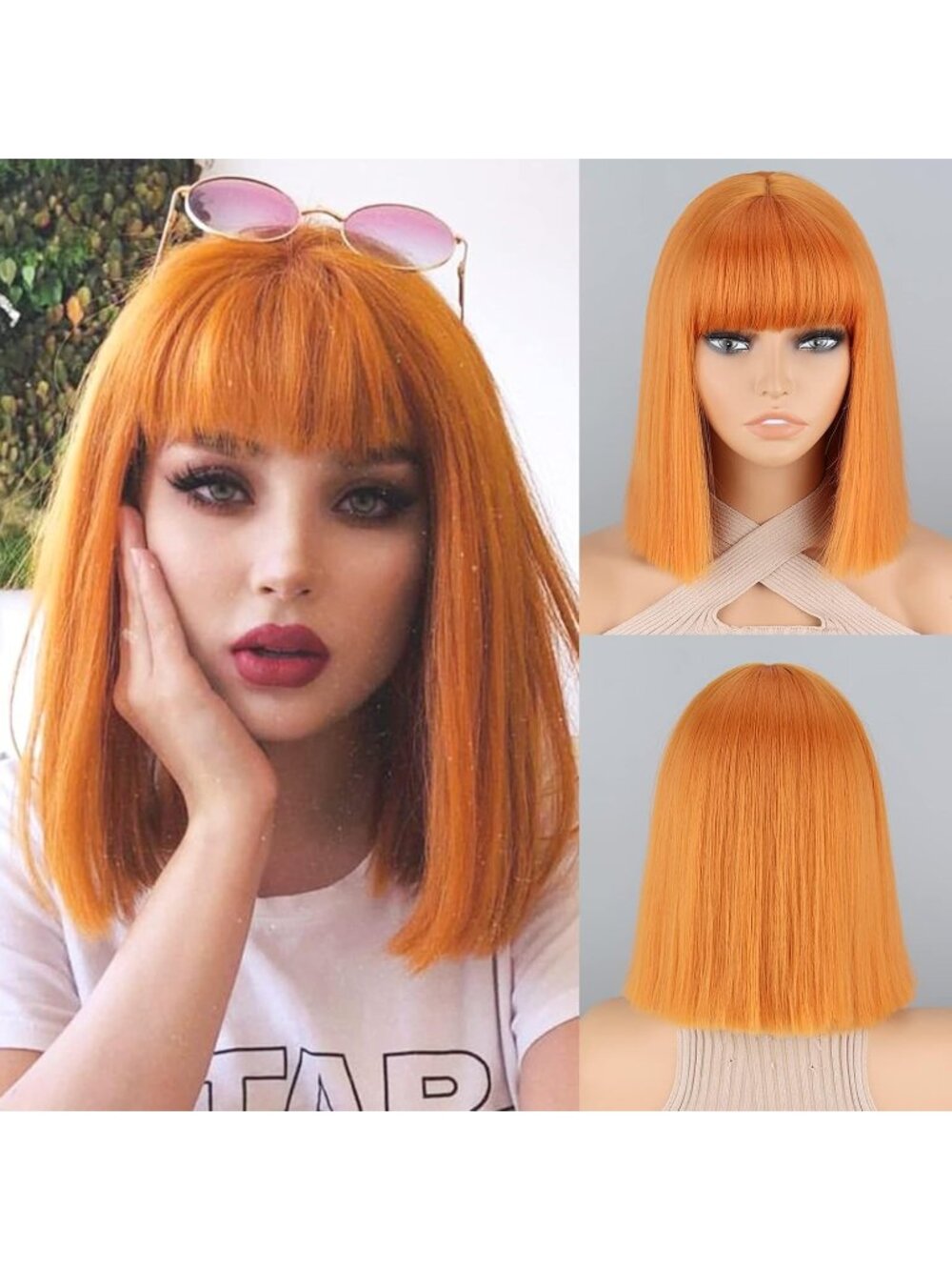Women's Orange 11 Inch Heat Resistant Synthetic Short Straight Wigs Bangs